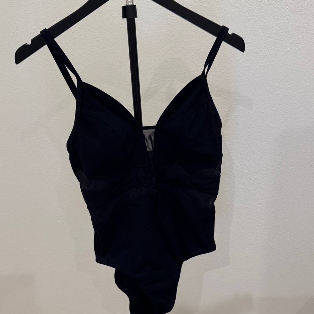 Amoressa slimming Black One-Piece Bodysuit with mesh and gold Hardware